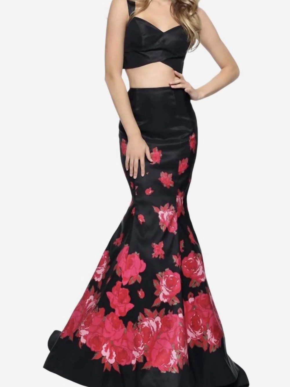 Sherri Hill Black Two-Piece Mermaid Gown with Pink Floral Print